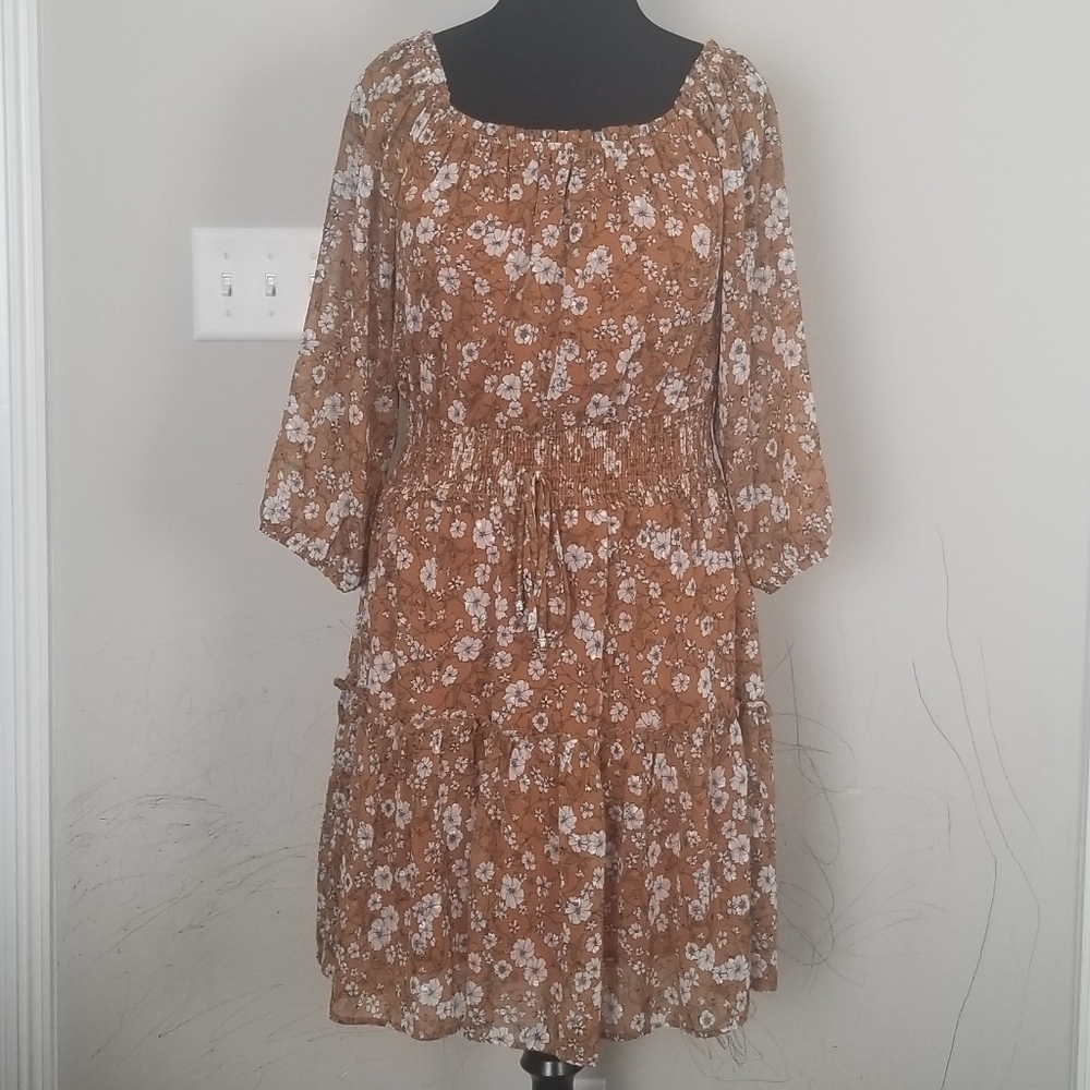 NWOT Ryan Mitchelle Floral Brown Long Sleeve Midi Dress Size Petite Extra Large